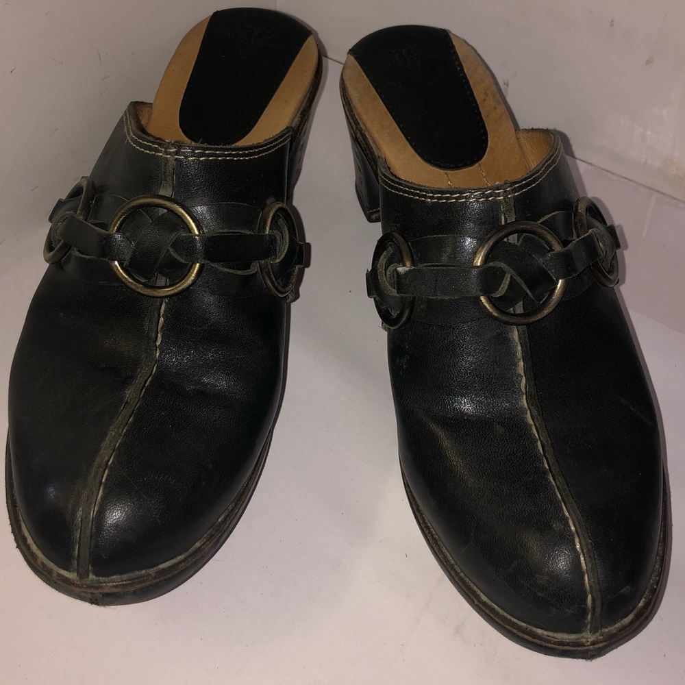 Frye brand black leather clogs